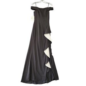 Carmen Marc Valvo Black Formal Maxi Dress NEW $395 Stretch Off Shoulder Womens 4